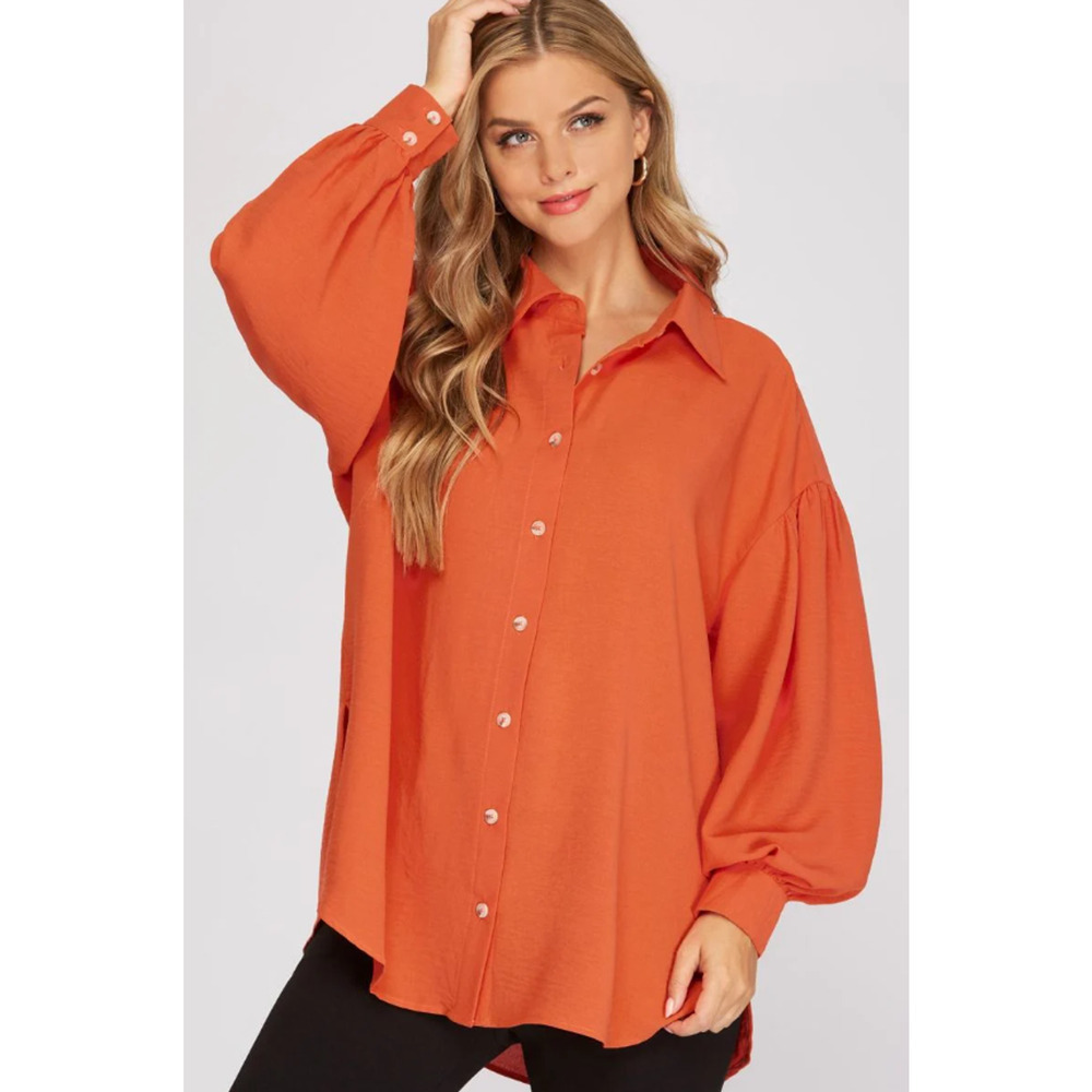 Rust Button Down Blouse Balloon Sleeve Flowy Top Size Large